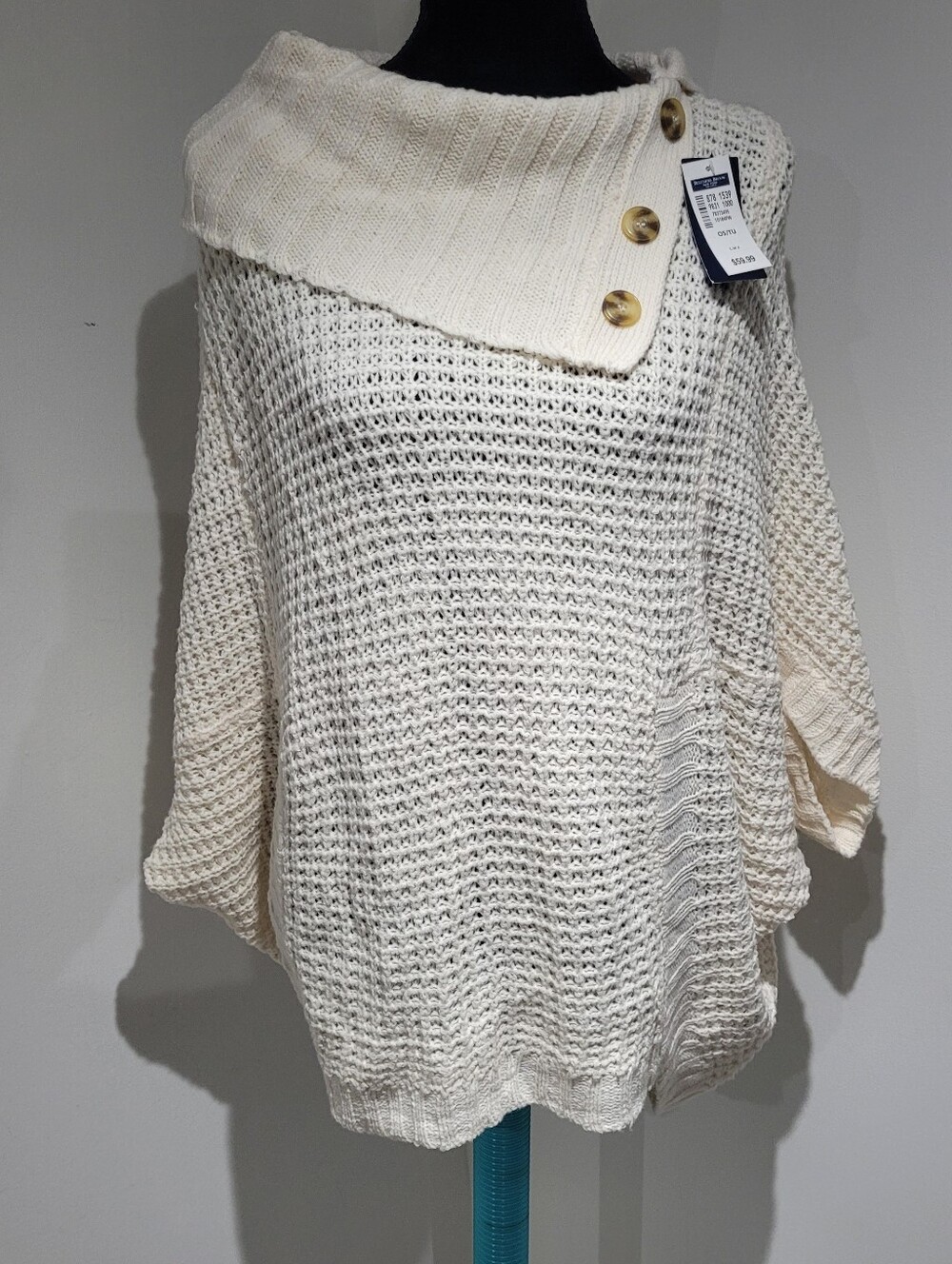 Beecher Brook Women's Waffle Knit Cowl Neck Poncho Sweater OS Cream Cozy NEW